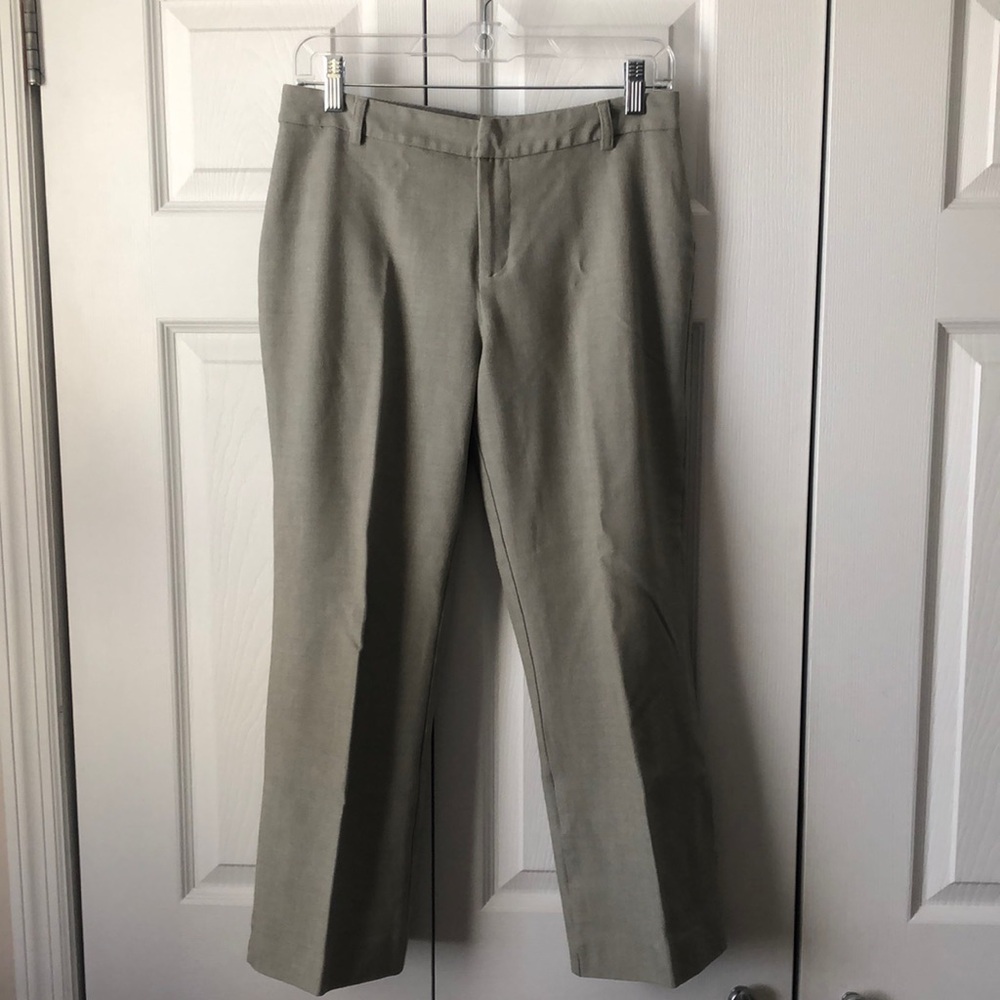 Women’s cropped oatmeal colored work slacks.